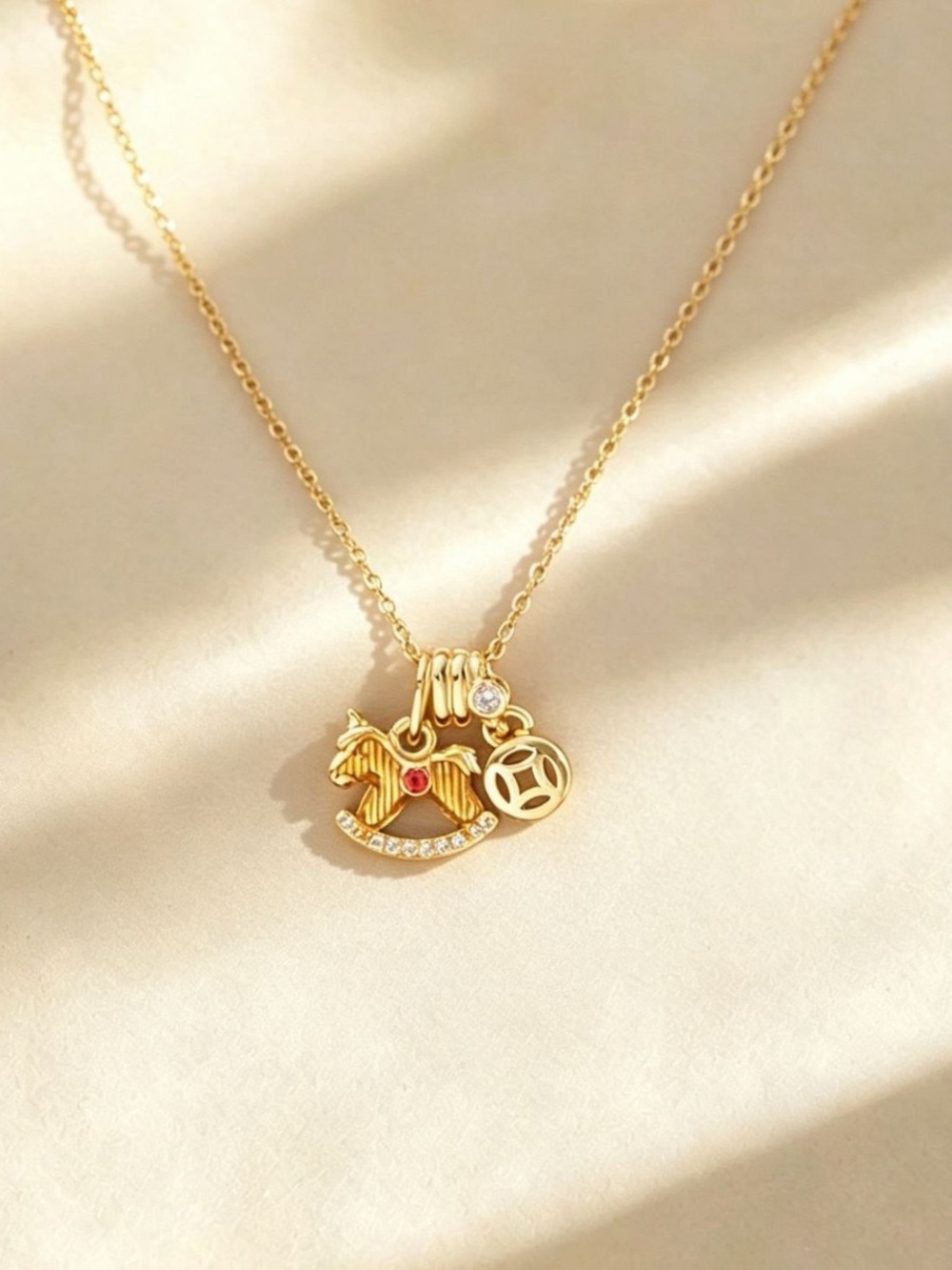 Titanium Steel Gold Rocking Horse Charm Necklace - Women Jewelry